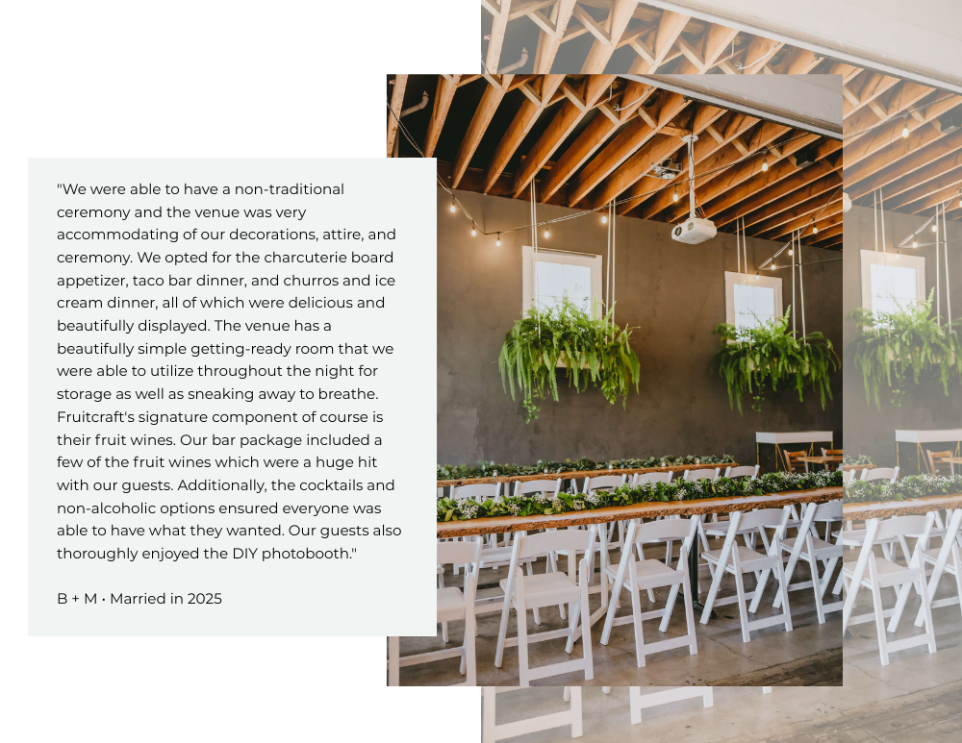 Wedding reception setup featuring rustic Douglas Fir tables at FruitCraft’s event space in San Diego.