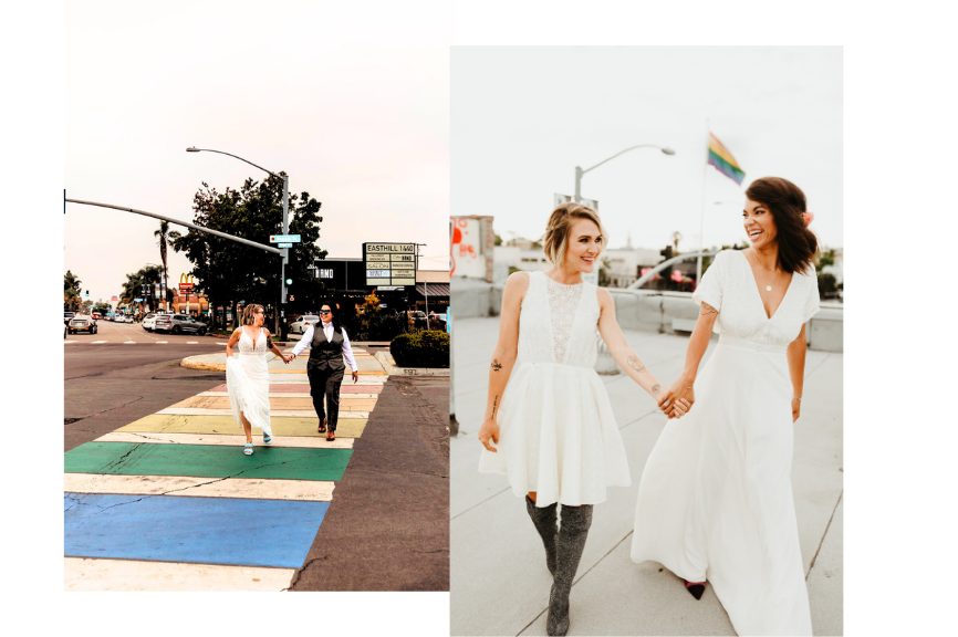 LGBTQ couple holding a pride flag at their FruitCraft wedding, celebrating love and inclusion.