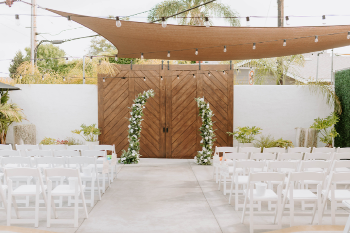 FruitCraft’s iconic Love Patio set up for a wedding ceremony, with floral accents and romantic vibes.