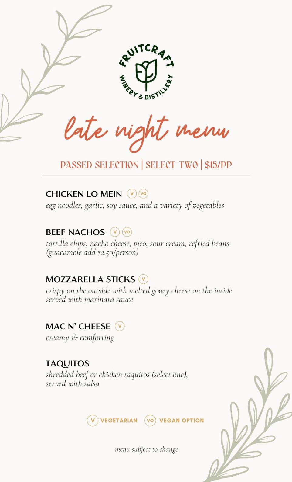 Menu featuring late-night snack options for private events and weddings at FruitCraft.