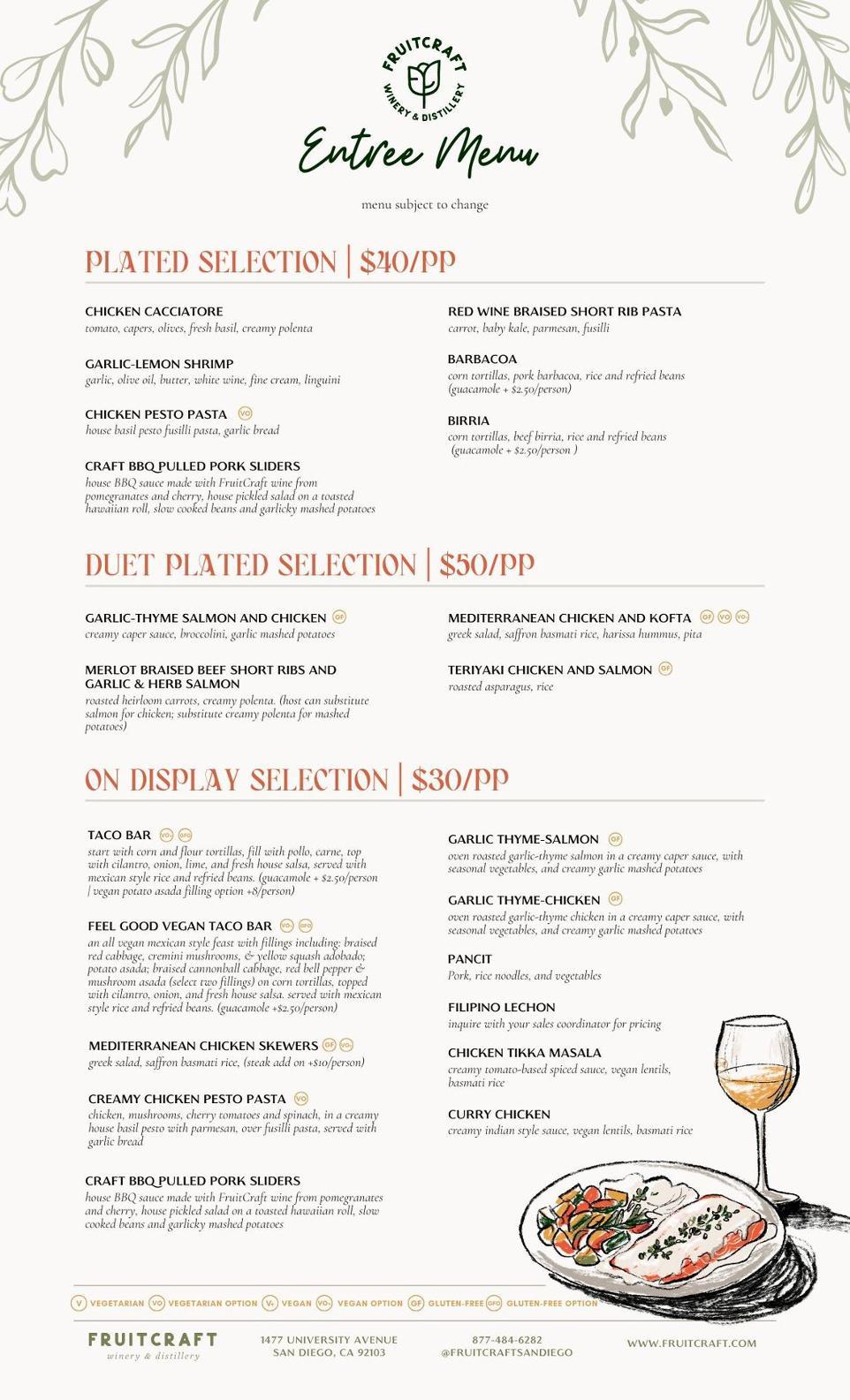 Main course entrée menu featuring signature dishes served at FruitCraft weddings.